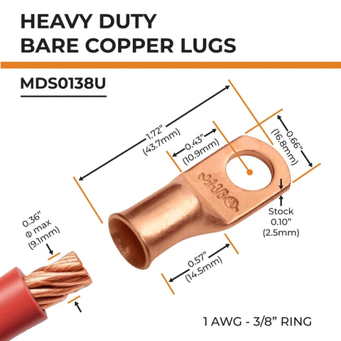 Beefy Heavy Duty 25 Pcs 1 Awg Bare Copper Ring Battery Cable Lugs With Three Eighth Inch Stud For Maximum Power Transfer And Tough As Nails Automotive Wiring Jobs