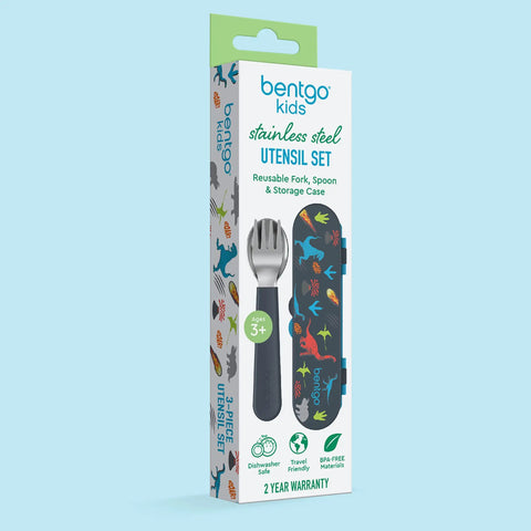 Kids Stainless Steel Utensil Set With Fork And Spoon, Reusable PFAS Free BPA Free Case, dinosaur theme packaging