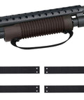Four black heavy duty tactical nylon straps for Mossberg 500 590 Shockwave, with durable webbing ends and pre-cut holes, shown under shotgun.
