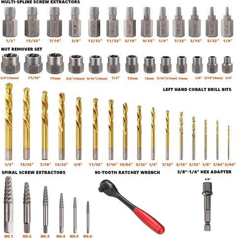 50 Piece Bolt Extractor Set With Screw And Nut Removers, Heavy Duty All In One Drill Bit Kit showing components including bits, extractors, wrench