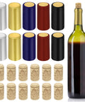 Wine Bottle Cork Stopper Kit With Dope PVC Heat Shrink Capsules, 60 Pcs In 5 Colors Silver Black Red Gold Blue shown with corks and bottle
