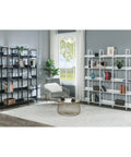 Room with Five Tier Open Bookcase With Industrial Steel Frame And MDF Shelves Anti Tip Kit Adjustable Feet Wide Display Storage