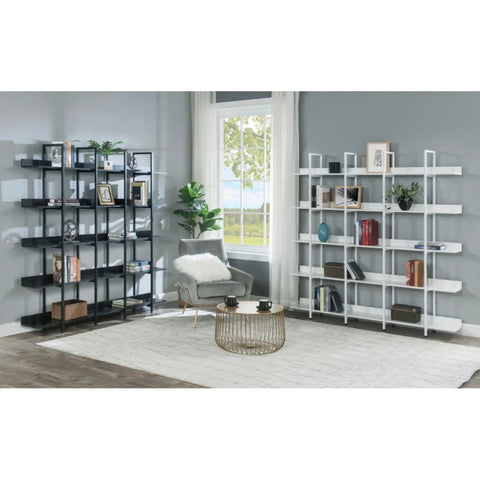Room with Five Tier Open Bookcase With Industrial Steel Frame And MDF Shelves Anti Tip Kit Adjustable Feet Wide Display Storage