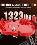 Close-up of tool tray on Tripod Pipe Stand With Chain Vise, Portable One Eighth To Six Inch Capacity, foldable steel legs