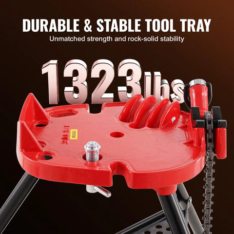 Close-up of tool tray on Tripod Pipe Stand With Chain Vise, Portable One Eighth To Six Inch Capacity, foldable steel legs