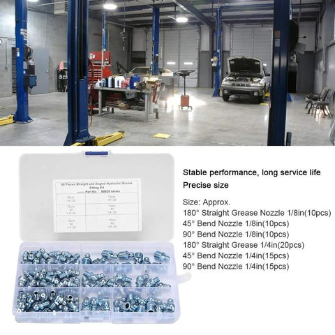 80 Pack Hydraulic Zerk Grease Fitting Assortment Kit With One Eighth And One Quarter Inch Straight And Angle Nozzles in workshop