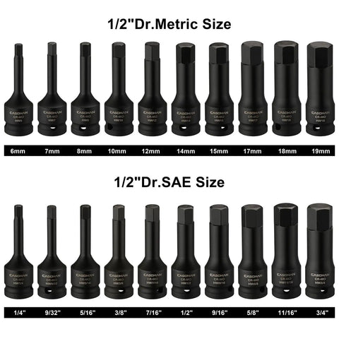 Heavy Duty One Half Inch Drive Impact Hex Bit Socket Set 20 Piece CrMo Steel One Piece Construction SAE And Metric Sizes
