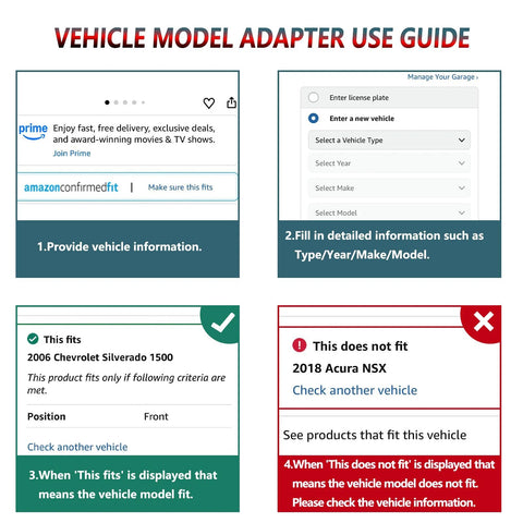 Vehicle model adapter use guide showing steps to check fitment with examples for 2006 Chevy Silverado and 2018 Acura NSX.