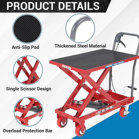 Heavy Duty Hydraulic Lift Table Cart 330 Lbs Capacity 28.5 Inch Height with anti-slip pad and thickened steel frame.
