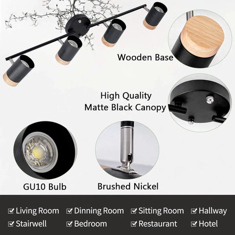 Black Track Lighting With Natural Wood Accent Four Adjustable GU10 Heads 365 Degree Horizontal Rotation And 90 Degree Vertical Tilt For Living Room And Kitchen Ambiance Vibe