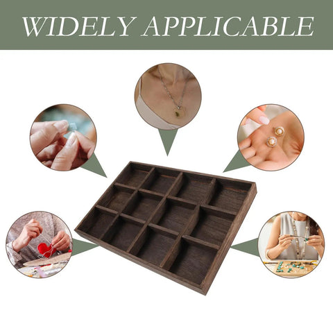 Vintage Rustic Wooden Jewelry Tray 12 Compartment Ring Earring Storage Holder With Solid Wood Build For Bedroom Dresser Desktop Accessory Caddy displayed with accessories and usage examples.