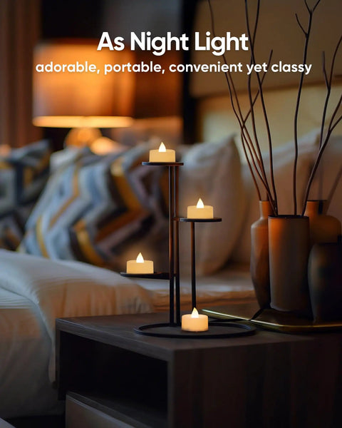30 Pack Flickering Flameless Tea Lights Battery Operated For Wedding Table Centerpieces arranged on nightstand