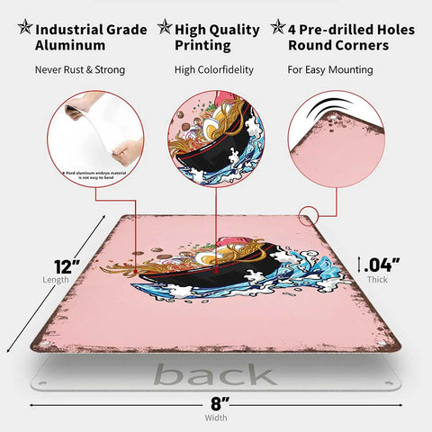 Funny Vintage Metal Sign Ramen Bowl Waves Japanese Tin Sign Poster For Home Room Garage Office Decor 8x12 Inch Durable Aluminum Wall Art With Dope Rustic Retro Charm Perfect Kitchen Bar Space Accent, showing industrial-grade aluminum and pre-drilled holes for easy mounting.