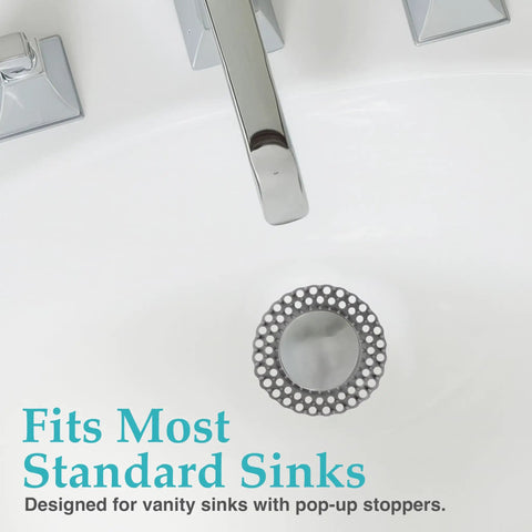 Disposable Vanity Sink Drain Savers Hair Catchers For Clog Prevention No Fuss No Mess 3.7 Inch Wide in sink with text