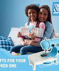 Straight Up Hassle Free Compact Mini Sewing Machine With Dual Speed Options Bright Led Lamp Extension Table And Slick All In One Beginner Kit For Diy Fabrics with a child and adult holding a gift.