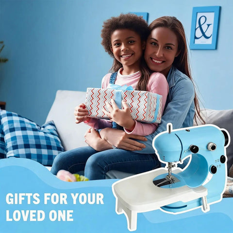 Straight Up Hassle Free Compact Mini Sewing Machine With Dual Speed Options Bright Led Lamp Extension Table And Slick All In One Beginner Kit For Diy Fabrics with a child and adult holding a gift.
