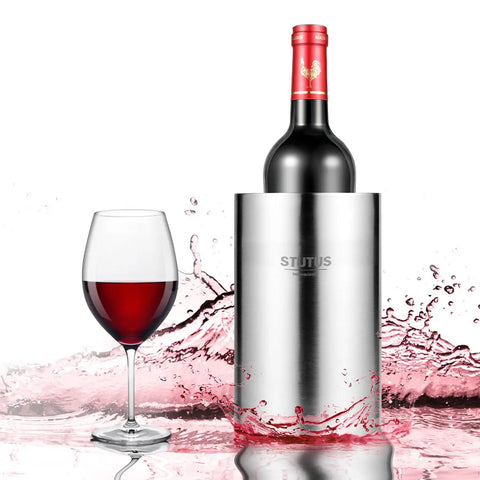 Double Wall Stainless Steel Wine Chiller Bucket Insulated Ice Bucket with bottle and glass, splash effect, keeps drinks cold without ice