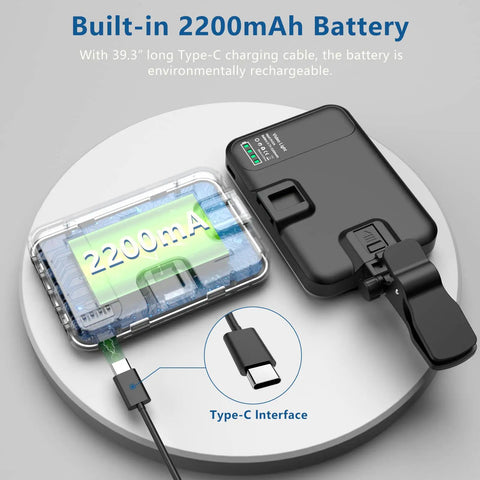 Back view of 60 LED Portable Selfie Light With Clip On, showing built-in 2200mAh rechargeable battery with USB-C port.