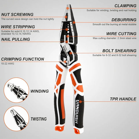 Heavy Duty 2 Piece Pliers Set With Linesman And Long Nose Pliers 8 Inch Multitool With labeled functions for cutting, stripping, and crimping.