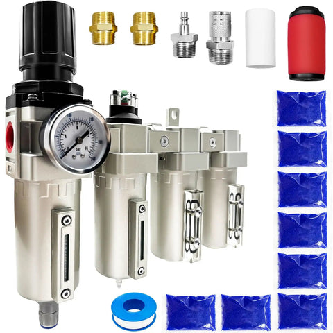 Beefed-Up 3/4 Inch NPT Heavy Duty Industrial 4 Stage Air Drying System With Particulate Filter, Coalescing Filter, Desiccant Dryer And Air Regulator For Plasma Cutter And Paint Spray Auto Drain