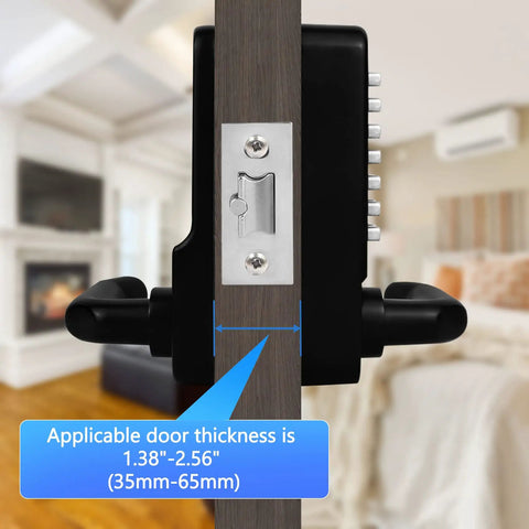 Beefed-Up Mechanical Door Lock With Adjustable Deadlatch For 2 3/8 Inch Or 2 3/4 Inch Holes shown installed on door view; indoor setting