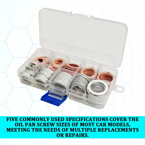 Oil Drain Plug Gasket Kit 100 Pcs Crush Washers M10 M12 M14 M16 M18 Aluminum Copper Seals in plastic case