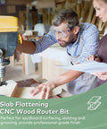 Beefy Slab Flattening Router Bit 1-1/2 Inch Cutting Diameter, 1/4 Inch Shank in use on CNC machine for woodworking.