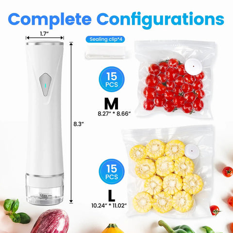 Visible Tank Handheld Food Vacuum Sealer with One Touch Strong Suction, Portable Wireless Sealing Device, includes 30 reusable bags, white.