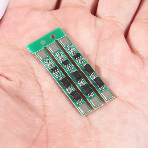 12 Pack 1S 3.7V 4A BMS Protection Board For 18650 Lithium Ion Cells showing compact circuit boards in hand.