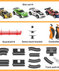 Complete set of Dual Lane Slot Car Race Track Set With Four High-Speed Cars, Electric Track, Dual Controllers for kids ages 6-12.