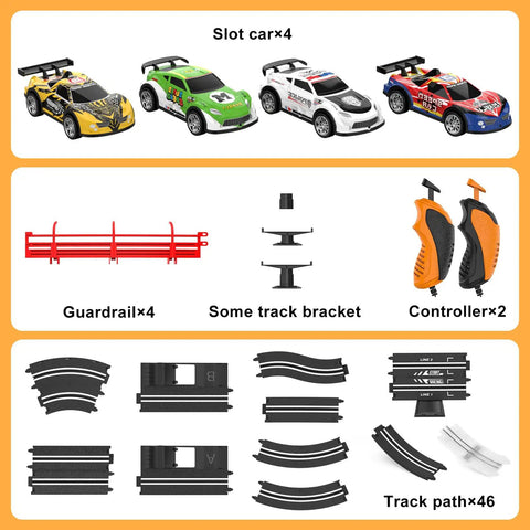 Complete set of Dual Lane Slot Car Race Track Set With Four High-Speed Cars, Electric Track, Dual Controllers for kids ages 6-12.
