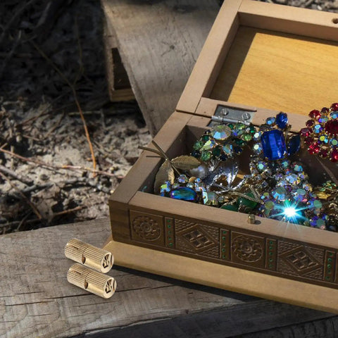 Slick Quiet Hidden Barrel Hinges Set 8 Brass Jewelry Box And Cabinet Hinges, showing brass hinge detail beside jewelry box