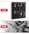 22 Piece Metal Wall Pegboard Tool Organizer System For Garage And Workshop Storage Modular Pegboard Panels In Black Heavy Duty Steel With Powder Coat Finish Keeps Tools Neat Accessible And Ready To Grab, showing organized tools on black panels.