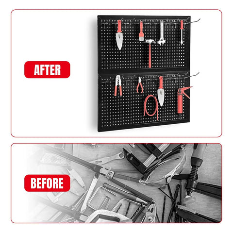 22 Piece Metal Wall Pegboard Tool Organizer System For Garage And Workshop Storage Modular Pegboard Panels In Black Heavy Duty Steel With Powder Coat Finish Keeps Tools Neat Accessible And Ready To Grab, showing organized tools on black panels.