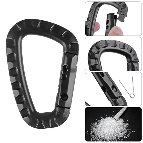 Close-up of Sixteen Pack Heavy Duty Tactical Carabiners Keychain Clips With Spring Snap D Rings Lightweight Plastic.