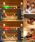 Visual comparison showing warm lighting with 'Ours' No Flicker and 'Others' Frequent Flicker using Vintage LED Edison Filament Bulbs 6W 60W Equivalent Non Dimmable Warm White 2700K ST58 Clear Glass E26 Base Pack Of 8 For Cozy Home Lighting Plus Energy Saving