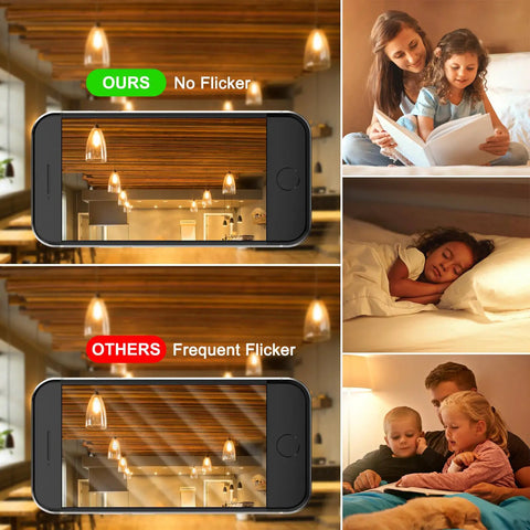 Visual comparison showing warm lighting with 'Ours' No Flicker and 'Others' Frequent Flicker using Vintage LED Edison Filament Bulbs 6W 60W Equivalent Non Dimmable Warm White 2700K ST58 Clear Glass E26 Base Pack Of 8 For Cozy Home Lighting Plus Energy Saving