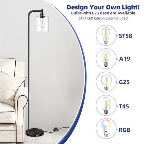 Industrial Floor Lamp With Hanging Glass Shade In Black Farmhouse Vibe next to a sofa showcasing bulb options and E26 base features.