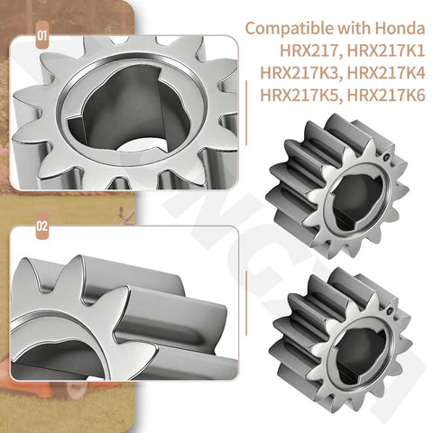 Two Pack Pinion Gear 13T 42661 VH7 000 Direct Replacement For Honda HRR216 And HRX217 Series Lawn Mowers with close-up details.