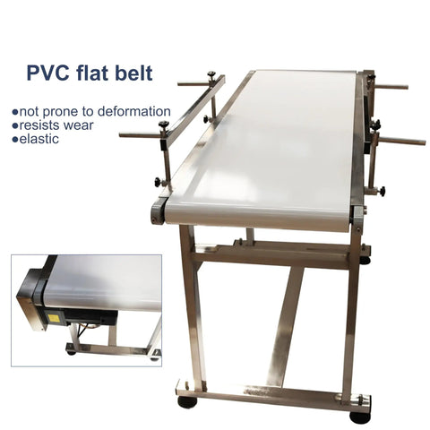 Beefy Stainless Steel PVC Flat Belt Conveyor With Adjustable Speed And Double Guardrails, side view, 53.15x15.7 inches