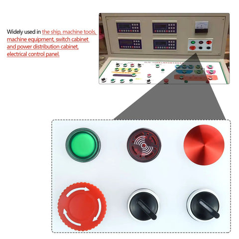 Electrical control panel with various controls and indicators for 22mm Piezo Buzzer With Red Indicator Light 12V DC AC LED 7/8 Inch Mount Intermittent Beep Alarm Flash Signal For Electrical Control Panel DIY 2 Pack Built Tough Flame Resistant Housing Easy Install.