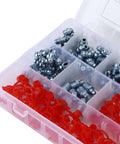 Heavy Beefy 160 Pieces Grease Fitting Kit With Zerk Nipples Incl 45 90 180 Deg Elbows Plus Straight Nuts In Storage Box Made For Cars Motorcycles Trucks And Farm Tractors For Keeping Your Rig Rocking Strong., open storage box with zinc-plated grease fittings, red caps, and assorted zerk nipples