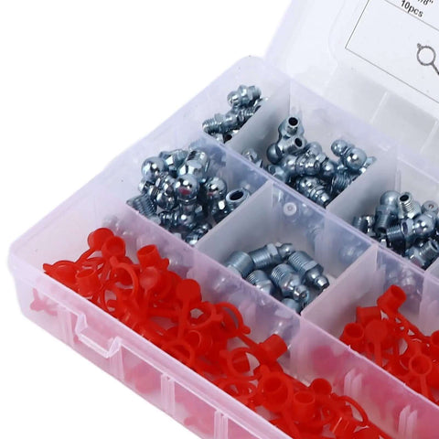 Heavy Beefy 160 Pieces Grease Fitting Kit With Zerk Nipples Incl 45 90 180 Deg Elbows Plus Straight Nuts In Storage Box Made For Cars Motorcycles Trucks And Farm Tractors For Keeping Your Rig Rocking Strong., open storage box with zinc-plated grease fittings, red caps, and assorted zerk nipples