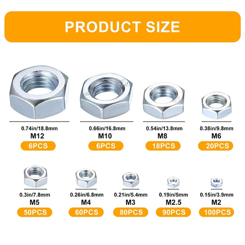 Product size chart for Assorted Stainless Steel Hex Nuts Kit With 430 Pieces, showing M2 to M12 hex nuts in various metric sizes