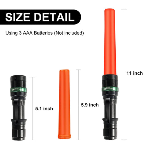4 Pack 11-Inch Traffic Wand LED Flashlight With 7 Red Flash Modes detailed size view, using 3 AAA batteries, 11-inch length