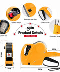 Price Tag Gun Kit With 8 Digit Display, 5150 White Labels, Yellow Rectangular Paper Tags 21x12 Mm, One Touch Open System, Includes 3 Ink Rollers And Extra Refills For Quick Grocery And Retail Pricing yellow price tag gun with features and dimensions shown