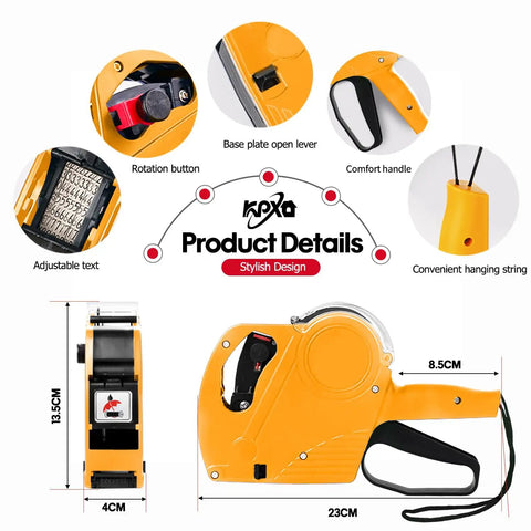 Price Tag Gun Kit With 8 Digit Display, 5150 White Labels, Yellow Rectangular Paper Tags 21x12 Mm, One Touch Open System, Includes 3 Ink Rollers And Extra Refills For Quick Grocery And Retail Pricing yellow price tag gun with features and dimensions shown