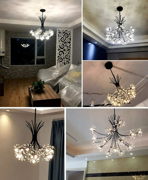 Modern Firework Crystal Dandelion Chandelier Pendant Lighting For Living Room Bedroom Dining Hallway 19 Light Black Ceiling Fixture With Adjustable Rods in various room settings