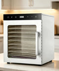 Premium Heavy Duty Freeze Dryer Machine With Twelve Stainless Steel Trays To Keep Your Fruits Veggies And Beef Jerky Rock Solid And Fresh As Heck For Any Home Hustle on kitchen countertop.
