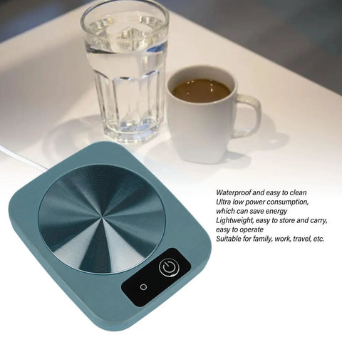 Smart Coffee Mug Warmer Keeps Your Morning Brew Cozy At Steady 131 Degrees With Usb Powered Thermal Control Solid Choice For Desk Office Or Car Setup Coffee Enthusiasts Stoked On Consistent Heat In Green on a table with a cup of coffee and water.